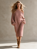 Women's Retro Casual Houndstooth Blend Off-Shoulder Long Sleeve Midi Dress ZMZ2145H0ZJY