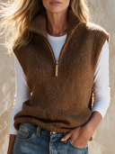 Women's Retro Simple Casual Cotton Yarn Knitted Pullover Zipper Vest ZMZ2118H7ZJY