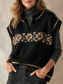 Women's Retro Casual Cotton Yarn Knitted Loose Henley Collar Pullover Vest ZMZ2133H1ZJY