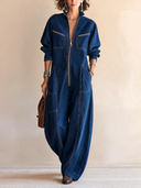 Women's Classic Dark Blue Tencel Denim Zip-Front Jumpsuit ZMZ2119H1SWL