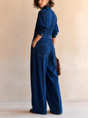 Women's Classic Dark Blue Tencel Denim Zip-Front Jumpsuit ZMZ2119H1SWL