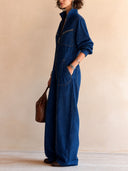 Women's Classic Dark Blue Tencel Denim Zip-Front Jumpsuit ZMZ2119H1SWL
