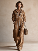 Women's Classic Camel Corduroy Zip-Front Jumpsuit ZMZ2172H0SWL