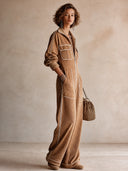 Women's Classic Camel Corduroy Zip-Front Jumpsuit ZMZ2172H0SWL