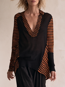 Women Deconstructed Mixed Stripe Knit Top, V‑Collar Long Sleeve Asymmetric Hem Patchwork Loose Casual Blouse ZMZ2109H1YZH