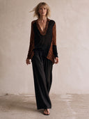 Women Deconstructed Mixed Stripe Knit Top, V‑Collar Long Sleeve Asymmetric Hem Patchwork Loose Casual Blouse ZMZ2109H1YZH