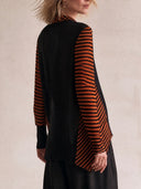 Women Deconstructed Mixed Stripe Knit Top, V‑Collar Long Sleeve Asymmetric Hem Patchwork Loose Casual Blouse ZMZ2109H1YZH