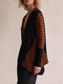 Women Deconstructed Mixed Stripe Knit Top, V‑Collar Long Sleeve Asymmetric Hem Patchwork Loose Casual Blouse ZMZ2109H1YZH
