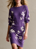 Women's Retro Elegant Knitted Floral Three-Quarter Sleeve Mini Dress ZMZ2161H6ZJY