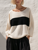 Women Loose Color Block Stripe Knit Pullover Top, Boat Neck Long Sleeve Casual Oversized Sweater Blouse ZMZ2101H9YZH