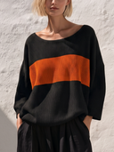 Women Loose Color Block Stripe Knit Pullover Top, Boat Neck Long Sleeve Casual Oversized Sweater Blouse ZMZ2101H9YZH