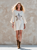 Women's Retro Street-Style Casual Knit-Panel Mini Dress With Sequin Stars And Three-Quarter Sleeves ZMZ2109H7ZJY