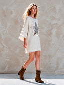 Women's Retro Street-Style Casual Knit-Panel Mini Dress With Sequin Stars And Three-Quarter Sleeves ZMZ2109H7ZJY
