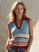 Women's Retro Street Style Casual Cotton Yarn Knit Color Block Pullover Vest ZMZ2120H2ZJY