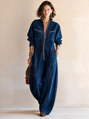 Women's Classic Dark Blue Tencel Denim Zip-Front Jumpsuit ZMZ2119H1SWL