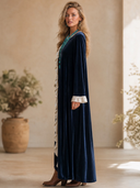 Women's French-style Elegant Velvet Ruffled Details, Round Neck, And Long Sleeves Loose Maxi Dress ZMZ2143H2ZYY