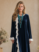 Women's French-style Elegant Velvet Ruffled Details, Round Neck, And Long Sleeves Loose Maxi Dress ZMZ2143H2ZYY