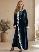 Women's French-style Elegant Velvet Ruffled Details, Round Neck, And Long Sleeves Loose Maxi Dress ZMZ2143H2ZYY