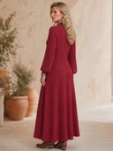 Women's Vintage-Style Elegant V-Neck, Lantern Sleeves, And Ruffle Details Loose-Fit Knit Maxi Dress ZMZ2108H1ZYY