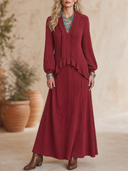 Women's Vintage-Style Elegant V-Neck, Lantern Sleeves, And Ruffle Details Loose-Fit Knit Maxi Dress ZMZ2108H1ZYY