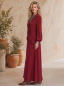 Women's Vintage-Style Elegant V-Neck, Lantern Sleeves, And Ruffle Details Loose-Fit Knit Maxi Dress ZMZ2108H1ZYY