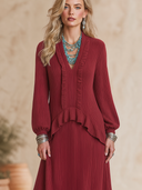Women's Vintage-Style Elegant V-Neck, Lantern Sleeves, And Ruffle Details Loose-Fit Knit Maxi Dress ZMZ2108H1ZYY