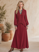 Women's Vintage-Style Elegant V-Neck, Lantern Sleeves, And Ruffle Details Loose-Fit Knit Maxi Dress ZMZ2108H1ZYY