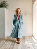 Women's V-Neck Smocked Long Sleeve Loose Maxi Dress ZMZ2102H6YZH