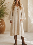 Women's Vintage Elegant V-Neck Flare-Sleeve Loose Knit Midi Dress ZMZ2156H1ZYY