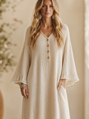 Women's Vintage Elegant V-Neck Flare-Sleeve Loose Knit Midi Dress ZMZ2156H1ZYY