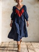 Women Boho Color Block Midi Dress, V‑Neck Smocked Puff 3/4 Sleeve Loose Flowy A‑Line Casual Vacation Dress ZMZ2171H1YZH