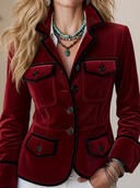 Women's Vintage-Style Mandarin Collar And Multiple Pockets Slim-Fit Velvet Jacket ZMZ2183H5ZYY