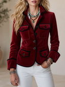 Women's Vintage-Style Mandarin Collar And Multiple Pockets Slim-Fit Velvet Jacket ZMZ2183H5ZYY