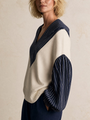Women Hooded Color Block Knit Pullover Top, V‑Neck Striped Lantern Long Sleeve Loose Casual Sweater Blouse ZMZ2105H7YZH