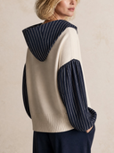 Women Hooded Color Block Knit Pullover Top, V‑Neck Striped Lantern Long Sleeve Loose Casual Sweater Blouse ZMZ2105H7YZH