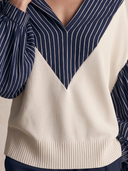 Women Hooded Color Block Knit Pullover Top, V‑Neck Striped Lantern Long Sleeve Loose Casual Sweater Blouse ZMZ2105H7YZH