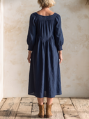 Women Boho Color Block Midi Dress, V‑Neck Smocked Puff 3/4 Sleeve Loose Flowy A‑Line Casual Vacation Dress ZMZ2171H1YZH