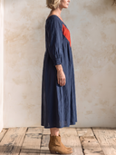 Women Boho Color Block Midi Dress, V‑Neck Smocked Puff 3/4 Sleeve Loose Flowy A‑Line Casual Vacation Dress ZMZ2171H1YZH