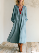 Women's V-Neck Smocked Long Sleeve Loose Maxi Dress ZMZ2102H6YZH