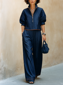 Women's Classic Navy Blue Tencel Denim Two-Piece Set (Long-Sleeve Top And Wide-Leg Pants) ZMZ2478H8SWL