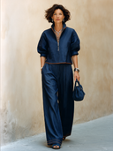 Women's Classic Navy Blue Tencel Denim Two-Piece Set (Long-Sleeve Top And Wide-Leg Pants) ZMZ2478H8SWL