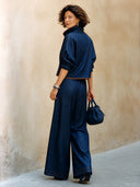 Women's Classic Navy Blue Tencel Denim Two-Piece Set (Long-Sleeve Top And Wide-Leg Pants) ZMZ2478H8SWL