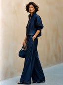Women's Classic Navy Blue Tencel Denim Two-Piece Set (Long-Sleeve Top And Wide-Leg Pants) ZMZ2478H8SWL