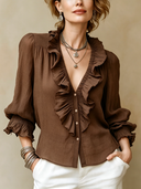 Women's Classic Brown Cotton-Linen V-Neck Long-Sleeve Shirt ZMZ2431H9SWL