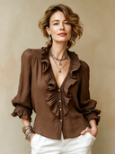 Women's Classic Brown Cotton-Linen V-Neck Long-Sleeve Shirt ZMZ2431H9SWL