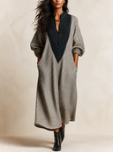 Women's Striped V-Neck Oversized Long Sleeve Maxi Dress With Contrast Collar ZMZ2402H1YZH