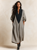 Women's Striped V-Neck Oversized Long Sleeve Maxi Dress With Contrast Collar ZMZ2402H1YZH