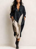 Women's V-Neck Long Sleeve Color Block Linen Midi Dress ZMZ2411H8YZH