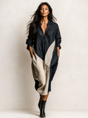 Women's V-Neck Long Sleeve Color Block Linen Midi Dress ZMZ2411H8YZH