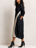 Women's V-Neck Long Sleeve Color Block Linen Midi Dress ZMZ2411H8YZH